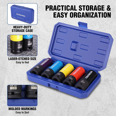 Non-Marring 1/2-Inch Drive Lug Nut Socket Set, 5-Piece With 15mm, 17mm, 19mm, 21mm, And 22mm in storage case