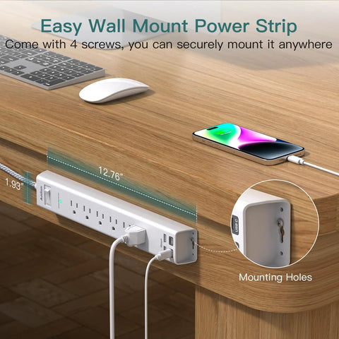 Long Reach Power Strip Surge Protector With 15ft Extension Cord For Home Office And Workshop, Extra Long Cable For Distant Outlets, Ideal For Living Rooms, Bedrooms, Desks, And Creative Setups. Wall-mounted white power strip with USB ports on a wooden desk