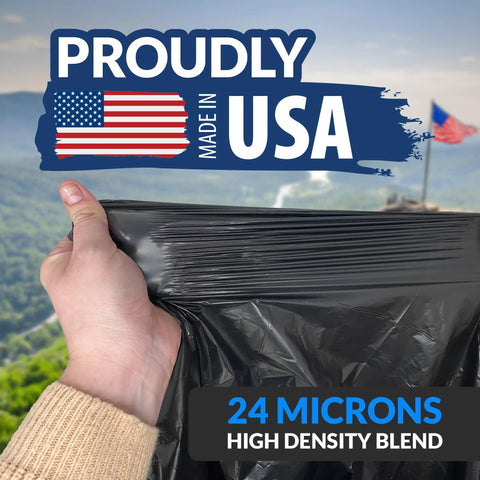 Person holding Beefed Up 95 Gallon Black Trash Bags With Twist Ties 68 Count 60x66 Inches Leak Proof Star Seal For Serious Residential Commercial And Industrial Cleanup, labeled '24 microns'