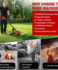 Woman using Beast Workhorse 20000 RPM Cordless Weed Wacker with wheel; features listed: brushless motor, dual batteries, eco-friendly