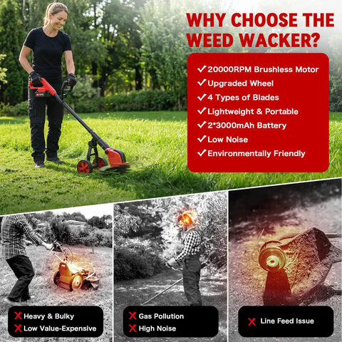 Woman using Beast Workhorse 20000 RPM Cordless Weed Wacker with wheel; features listed: brushless motor, dual batteries, eco-friendly