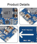 Close-up of the Five Volt Five Amp Mini560 Buck Converter Module for DIY Projects with visible circuits and labeling.