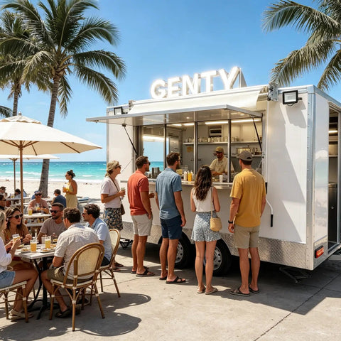 Premium White Food Truck 13ft Heavy Duty Fiberglass Mobile Beverage Cart With Cozy Seating serving drinks to customers by the beach.