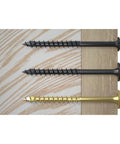 Powerlags XF Five Sixteenth Inch By Three Inch Interior Pancake Head Structural Wood Lag Screws on wood surface, no drill needed