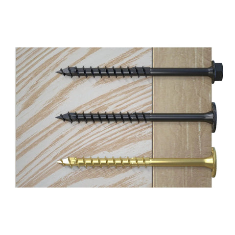 Powerlags XF Five Sixteenth Inch By Three Inch Interior Pancake Head Structural Wood Lag Screws on wood surface, no drill needed