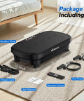 Vibe Plate Exercise Machine For Lymphatic Drainage And Weight Loss setup with vibration plate, power cord, pull ropes, and remote on carpet