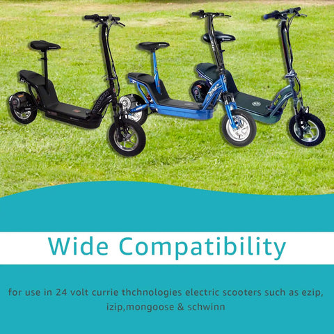 24V Battery Harness Kit With 2Pin SAE Connector For Electric Bikes Insulated Terminal Harness Converts Two 12V Batteries Into 24V DIY Friendly PlugAndPlay Compatible With eZip IZIP GT Schwinn Mongoose Bikes displayed with electric scooters on grass