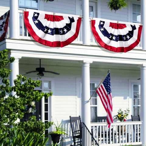 2 Pack 3x6 Ft Large American Pleated Fan Flag Bunting on balcony for indoor outdoor use, red white blue patriot decor