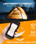 Person holding Rechargeable 1000 Lumen LED Magnetic Work Light With 360 Degree Rotation And 200 Degree Swivel Magnetic Base in front of tent