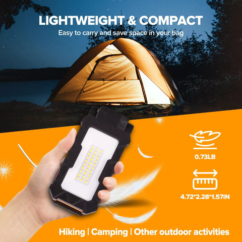 Person holding Rechargeable 1000 Lumen LED Magnetic Work Light With 360 Degree Rotation And 200 Degree Swivel Magnetic Base in front of tent