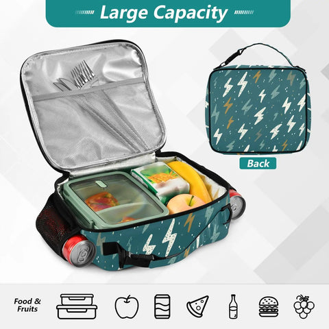 Lightning Bolt Insulated Lunch Bag For Kids And Adults With Sturdy Shoulder Straps, Grab And Go Portable Cooler Lunch Box With Roomy Main Compartment And Side Pockets, Perfect For School Office Travel And Everyday Use, teal polyester front view