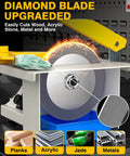 Lapidary Saw For Jewelry Making And Rock Cutting With Pro Grade Upgraded Diamond And Woodworking Blades 0 To 10000 RPM Polishing DIY Art Projects 350W Beige Easy To Use Great For Beginners And Hobbyists At Home showing diamond blade and cutting materials.