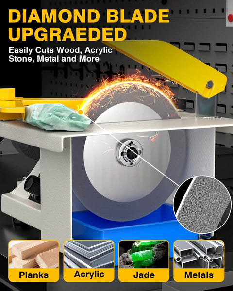Lapidary Saw For Jewelry Making And Rock Cutting With Pro Grade Upgraded Diamond And Woodworking Blades 0 To 10000 RPM Polishing DIY Art Projects 350W Beige Easy To Use Great For Beginners And Hobbyists At Home showing diamond blade and cutting materials.
