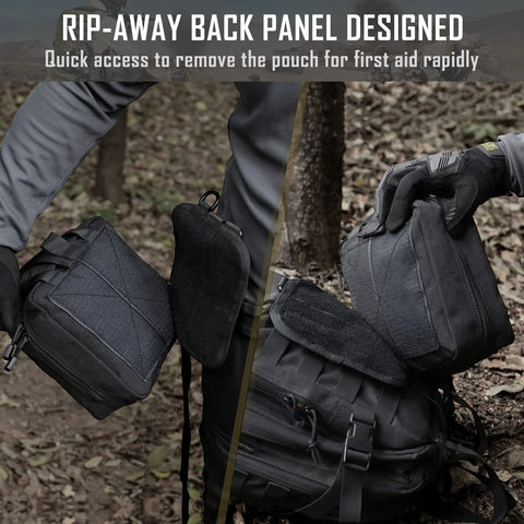 LIVANS 1000D first aid bag with MOLLE pouches in black, side view mounted on tactical backpack