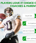 Football player wearing helmet, holding ball, with benefits listed; ideal for use with SpeedFlex Football Helmet Quick Release Tool Kit.