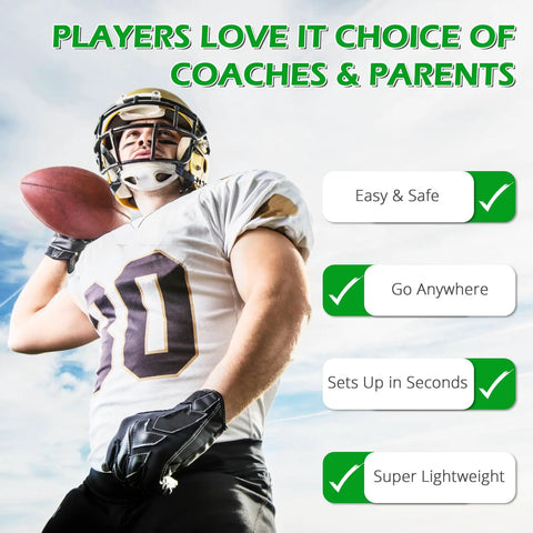 Football player wearing helmet, holding ball, with benefits listed; ideal for use with SpeedFlex Football Helmet Quick Release Tool Kit.