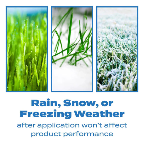 All Season Crabgrass And Grassy Weed Preventer For Lawns Pre Emergent Weed Control in rain, snow, and frost conditions.