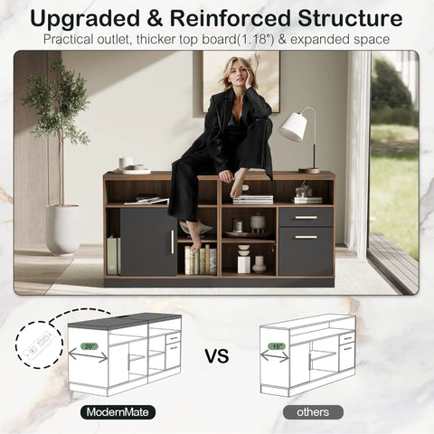 Extra Large Electric Standing Desk 114 Inch Wide With Two Spacious File Cabinets in Black Walnut finish, with model comparison.