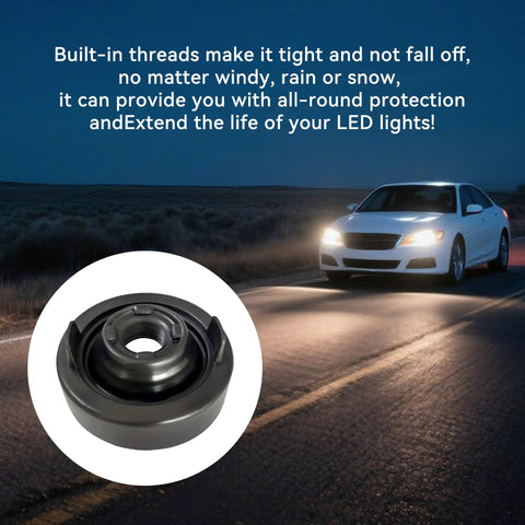 Two Pack Headlight Dust Caps for Cars Trucks and SUVs, heavy duty rubber sealing dust covers shown on a road at night