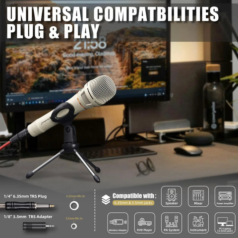 Rugged Dynamic Vocal Microphone For Singing And Live Performance Cardioid Studio Mic on desktop stand with accessories.