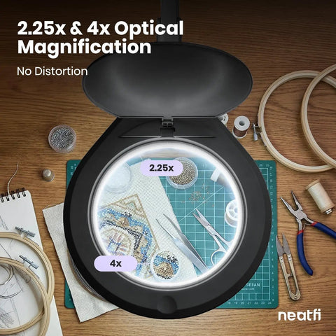 Pro Grade LED Magnifying Lamp With Clamp showing 2.25x and 4x magnification over crafting supplies