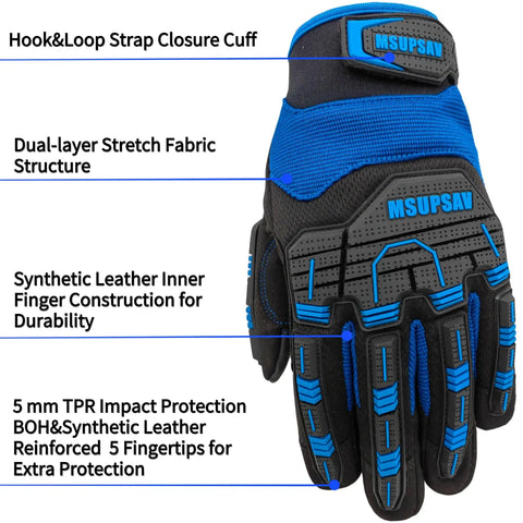 Anti-Vibration Work Gloves For Men With Cut-Resistant Safety Impact, Heavy Duty TPR Back Of Hand Protection, XL, Blue And Black