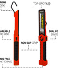 Front and side view of Beefy 500 Lumen Rechargeable Work Light With Stepless Dimming, red and black, showing hook and grip features.