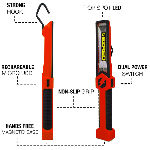 Front and side view of Beefy 500 Lumen Rechargeable Work Light With Stepless Dimming, red and black, showing hook and grip features.