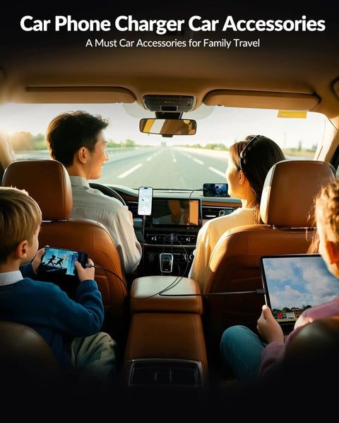 Top Tier Ninety Watt USB C Car Charger With Four Hella Fast Ports powering devices in a family car during a road trip.