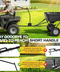 Heavy Duty Tow Behind Fertilizer And Seed Spreader With 130 Lb Hopper And Adjustable Flow Control attached to ATV on lawn