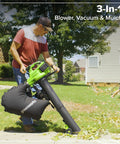 Man using Three In One Cordless Leaf Blower Vacuum Mulcher With Dual 48V Batteries And Fast Charger for yard cleanup