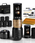 Wireless Rotary Tattoo Pen Kit With Brushless Motor Dual Batteries 4.0 To 4.5mm Stroke, accessories displayed.
