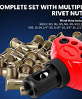 16 Inch Pro Rivet Nut Kit With Quick Change Mandrels showing red lever nut gun and pile of rivet nuts