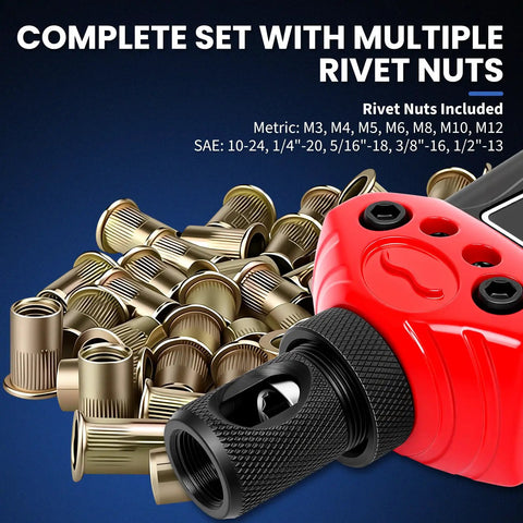 16 Inch Pro Rivet Nut Kit With Quick Change Mandrels showing red lever nut gun and pile of rivet nuts