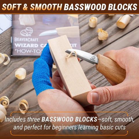 Beginner Friendly Whittling Kit With Wood Carving Tools And Wood Blocks, All In One DIY Woodworking Set for carving a basswood block.