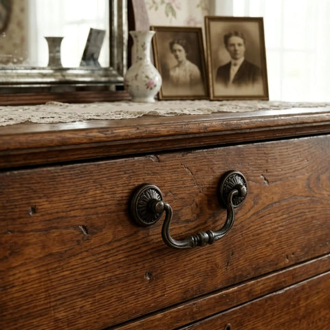 Vintage Bail Drawer Pulls Four Pack Oil Rubbed Bronze Cabinet Handles Five And Three Eighths Inch Center To Center Drop Pulls on dresser