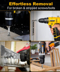 Damaged Screw Extractor Set in use for stripped screws and bolts, drill extracting screws from wood and metal surfaces, 6-piece kit, HSS 4341.