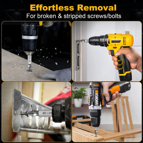 Damaged Screw Extractor Set in use for stripped screws and bolts, drill extracting screws from wood and metal surfaces, 6-piece kit, HSS 4341.
