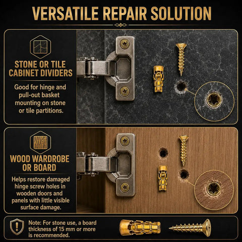 30 Pcs Heavy Duty Expansion Screw Kit for repairing cabinet hinges on stone and wood surfaces, featuring gold expansion anchors.