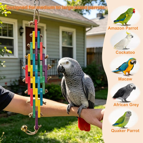 Hella Tough Parrot Chew Toy For Large Birds Natural Wood Blocks With Rope And Locking Carabiner, designed for parrot enrichment.