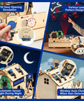 IoT Smart Home Hands-On Coding Kit For Arduino Fans featuring RFID, laser, and sensor modules in a wooden setup for kids and teens.