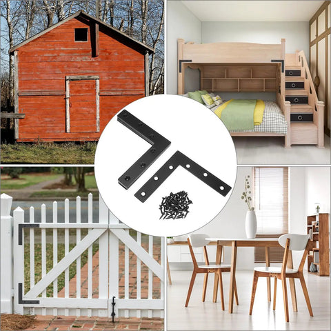 Rock Solid Heavy Duty Flat L Brackets For Wood And Furniture Repair 8 Pack Matte Black showing various uses with furniture and structures.