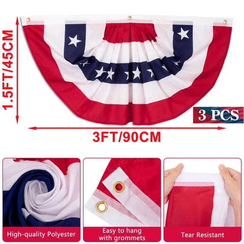 Three Piece Pleated Fan All American Flags Set 1.5x3 Ft Red White Blue Banners For 4th of July Memorial Day Veterans Day Porch Yard