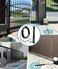 Driveway Gate Exit Wand Sensor For Automatic Gate Systems With Universal Five Wire Design, 12 to 24V, shown in various installations.