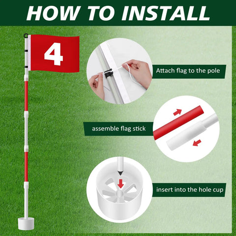 Installation guide for Four Pack Golf Flag Sticks With 6 Foot Putting Green Red Digital Style Flags, Hole Cups And Poles