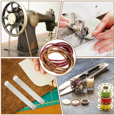 Two Treadle Sewing Machine Belts With 30 Piece Accessories Kit For DIYers And Crafters Including Bobbins Needles Threaders Hemming Clips Awl Scissors And More, sewing tools set