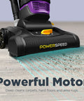 Front view of a purple PowerSpeed bagless upright vacuum cleaner with yellow controls.