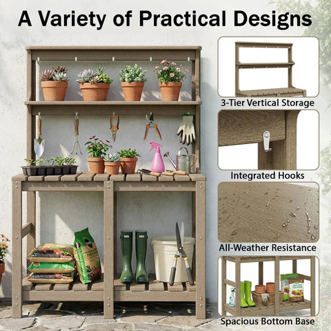 Outdoor Potting Bench With Three Tier All Weather Construction And Tool Hooks Built For Busy Green Thumbs for backyard use
