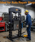 Heavy Duty 50 Ton H Frame Hydraulic Shop Press With Solid Steel Build and Floor Plates designed for garage work and auto repair jobs.