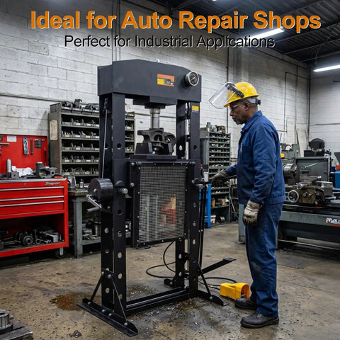 Heavy Duty 50 Ton H Frame Hydraulic Shop Press With Solid Steel Build and Floor Plates designed for garage work and auto repair jobs.